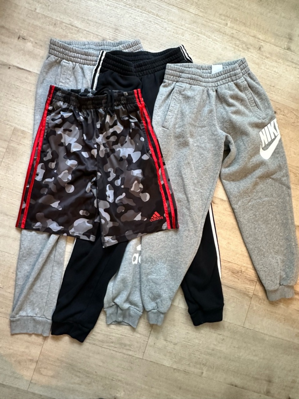 Nike/Adidas 14/16 Kids Gray & Black Sweatpants Mix with Red-Trim Camo Shorts